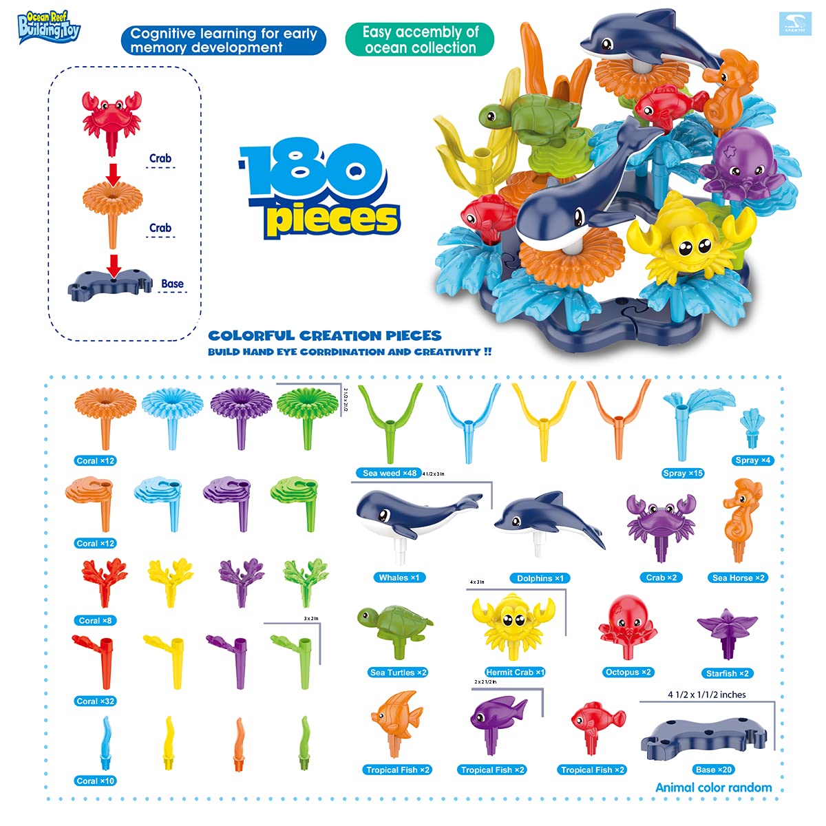 Kc Republic Ocean Reef 180Pcs Building Set, Stem Toy For Kids Age 3, 4, 5, 6, Interlocking Toy Building Block