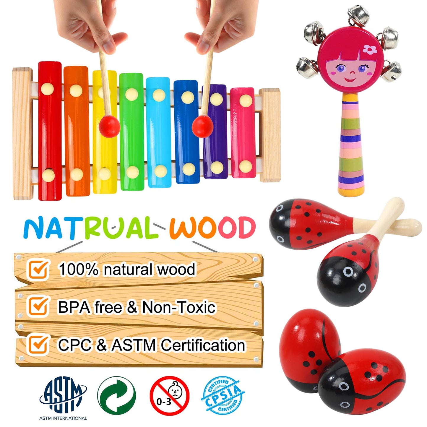 Raimy Kids Musical Instruments Set - Wooden Percussion Instruments Toy For Toddler Baby, Preschool Educational Music Toys For Boys And Girls With Carrying Bag (Red)