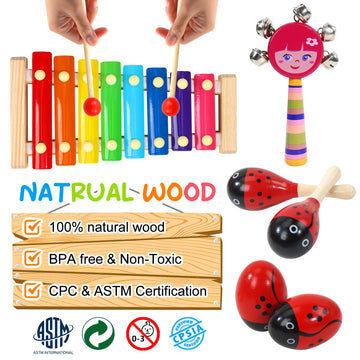 Raimy Kids Musical Instruments Set - Wooden Percussion Instruments Toy For Toddler Baby, Preschool Educational Music Toys For Boys And Girls With Carrying Bag (Red)