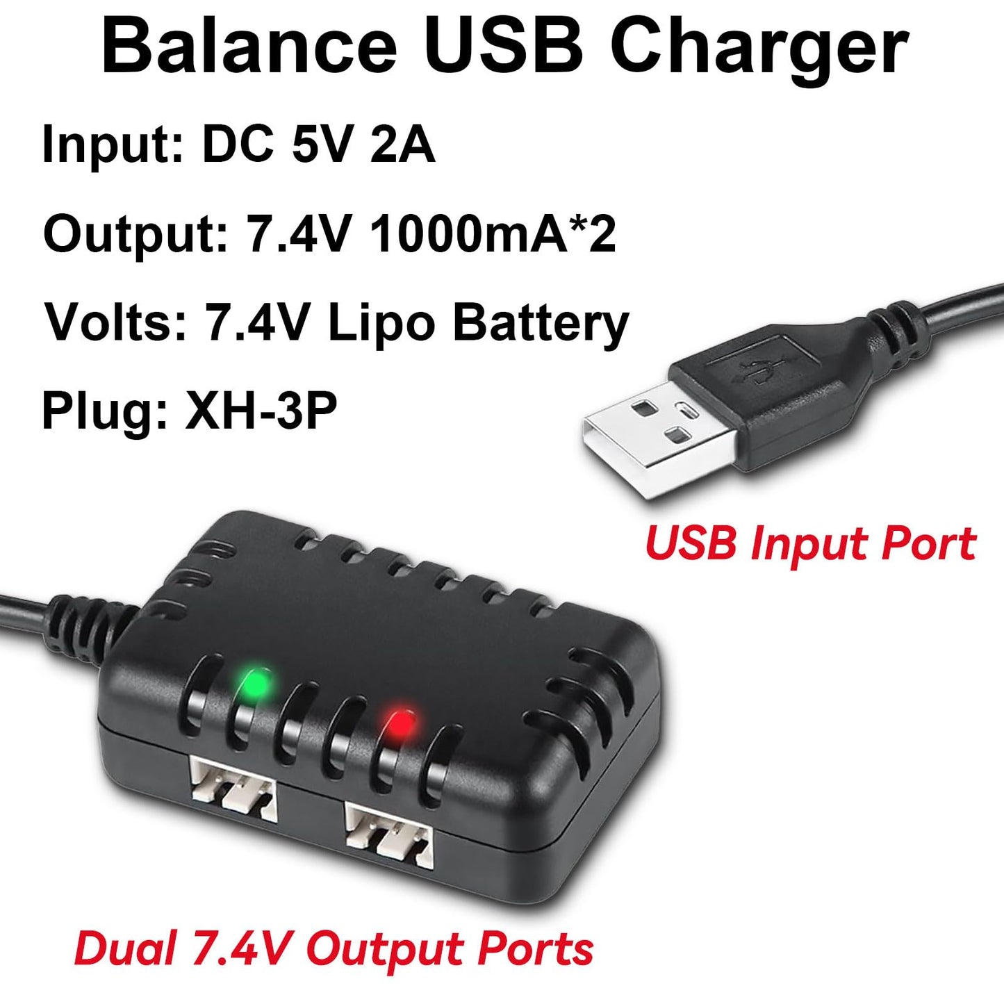 Tosiicop 7.4V Lipo Battery Charger - RC Car Balance Chargers USB Cable 2-in-1 with XH-3P Plug 1A for 2S Batteries RC Cars Drone