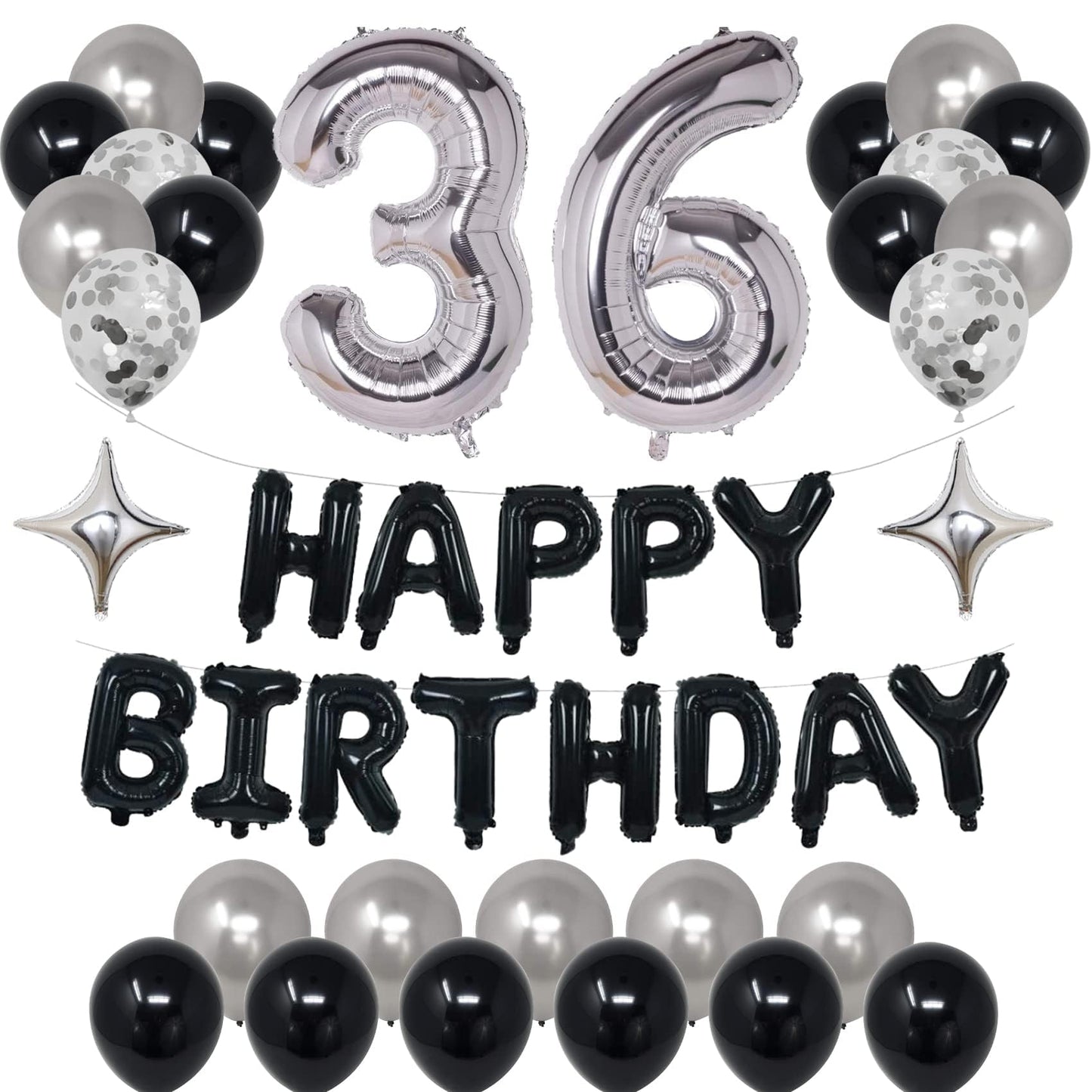 Naninuneno 36Th Black Silver Birthday Party Decorations For Men Women, Happy 36 Birthday Party Supplies With Black Happy Birthda