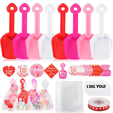 DTOFOOT 108 Pcs Valentines Day Plastic Shovels with I DIG You Cards Stickers Valentines Gift Candy Bags with Ribbon Valentines