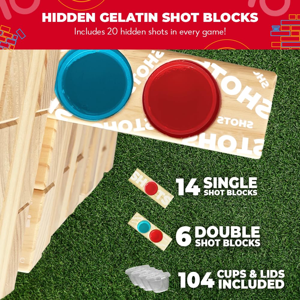 SWOOC Giant Tower Party Game with Hidden Jello Shots - 5ft Tipsy Topple for Adults - Outdoor Jumbo Bar Game with Cups & Carrying Case