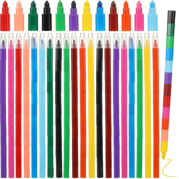 Marspark 20 Pcs Stackable Crayons Stacking Buildable Crayons Colorful Stackable Pencils Party Favors Diy Rainbow Pencil For School Office Birthday Party, 12 Colors(Bright Color,Flat)