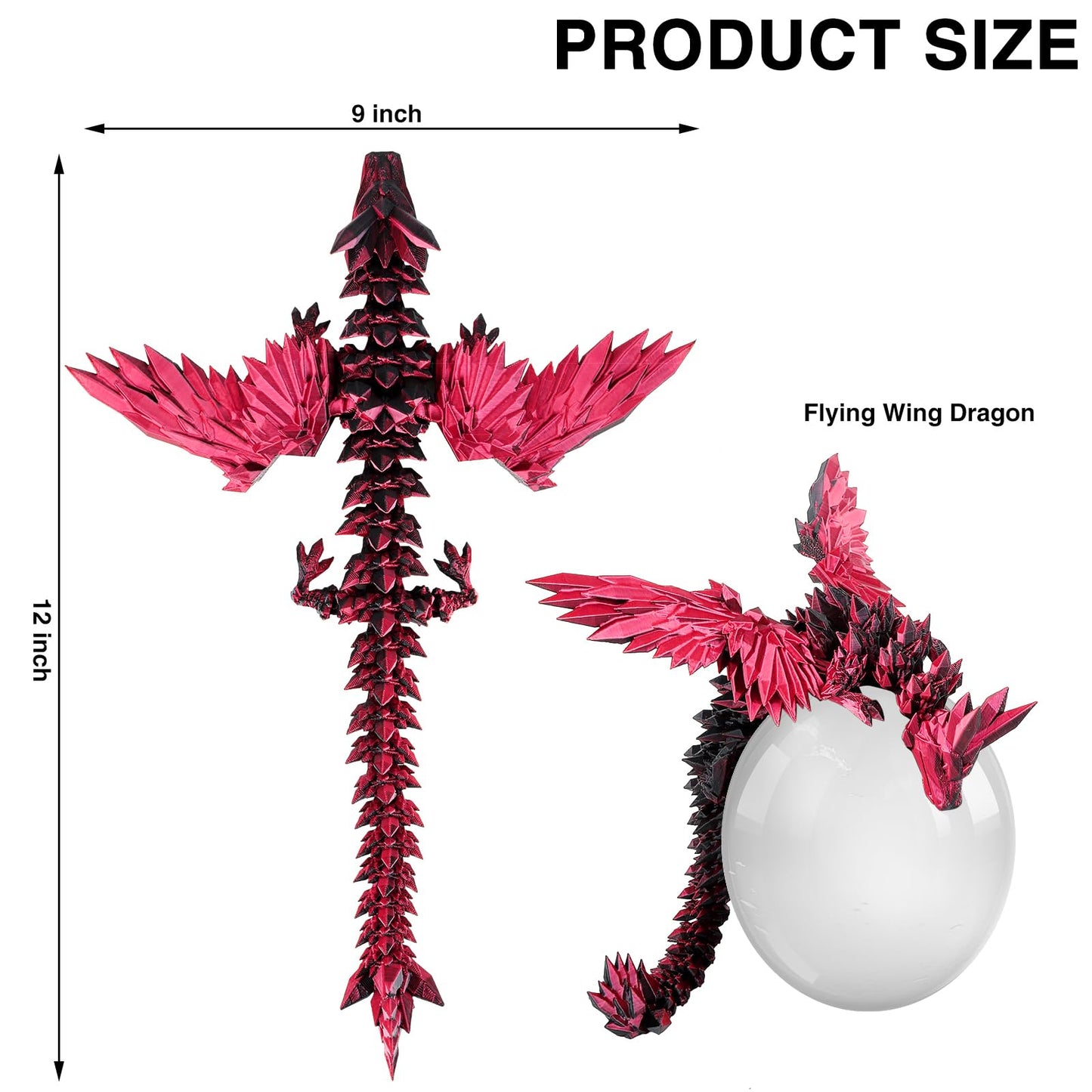 Sumland 3D Printed Dragon With Wings Flying,Crystal Wing Dragon Fidget Toys,Black Red