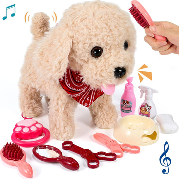 Gobrillfun Interactive Walking Plush Puppy Toy Dog, Realistic Wagging Tail Robot Dog, Grooming Set, Perfect Christmas Birthday G