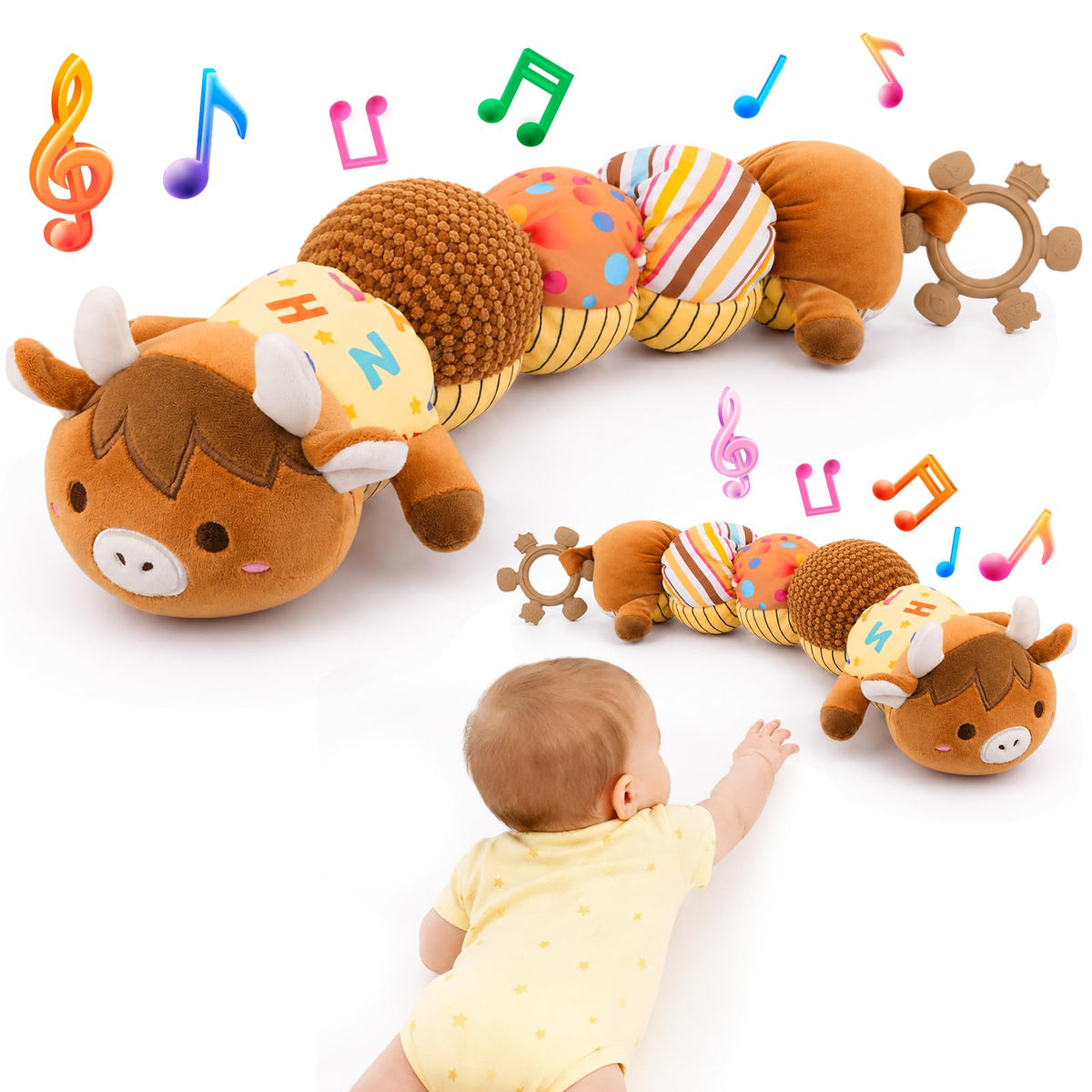 FVNPIHAM Baby Toys Musical Caterpillar, Highland Cow Baby Toy
