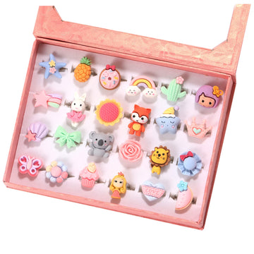 PinkSheep Little Girl Jewel Rings in Box, Adjustable, No Duplication, Girl Pretend Play and Dress Up Rings (24 Surface Ring)