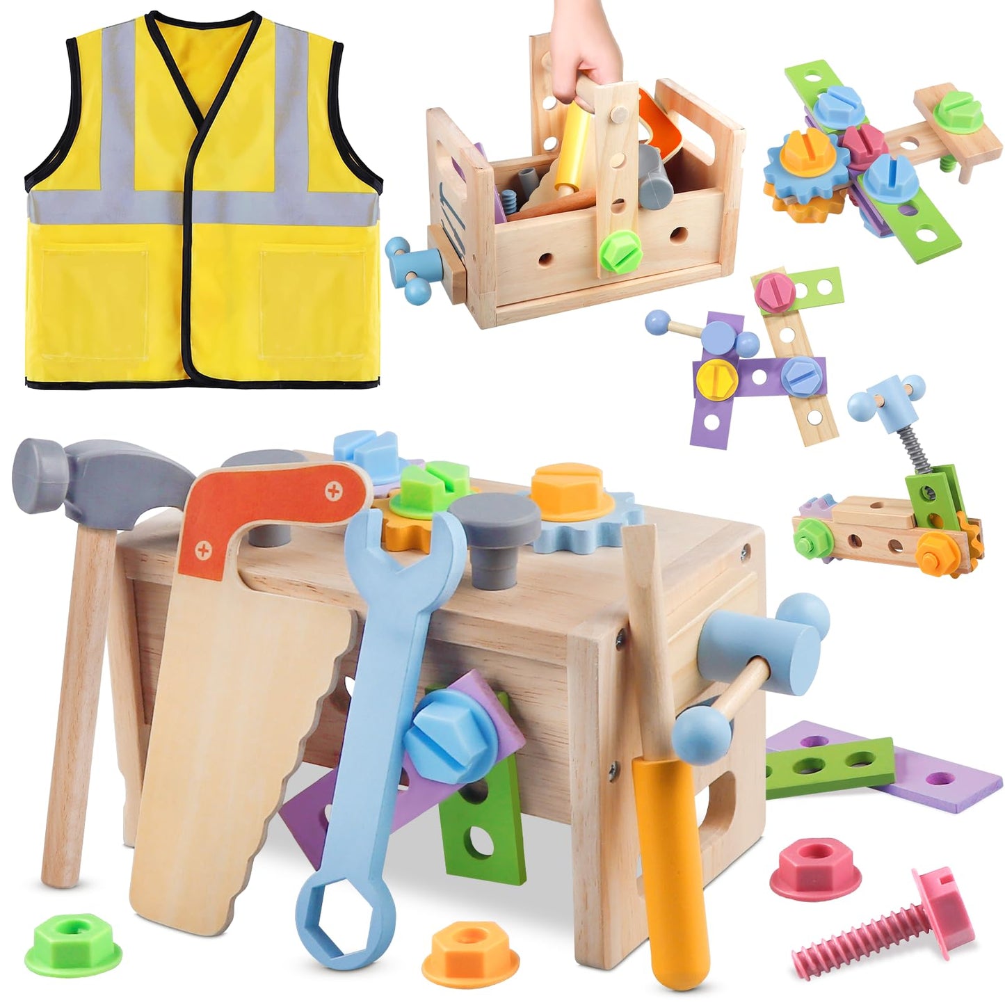 Aliex Wooden Kids Tool Set, 30pcs Toy Tools for Toddlers with Vest, Tool Kit Toddler Montessori Stem Learning Educational Toys f
