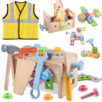 Aliex Wooden Kids Tool Set, 30pcs Toy Tools for Toddlers with Vest, Tool Kit Toddler Montessori Stem Learning Educational Toys f