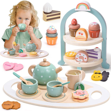 Atoylink Wooden Tea Party Set for Little Girls 28 Pcs Toddler Tea Set with Cupcake Stand & Food Pretend Play Accessories Kids Ki