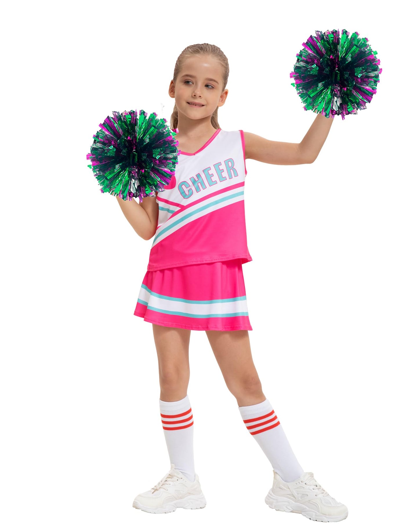 Hanerreal Cheerleader Costume For Girls, Cheer Uniform Dress Up Outfit With Accessories (Pink, Medium(4-5 T))