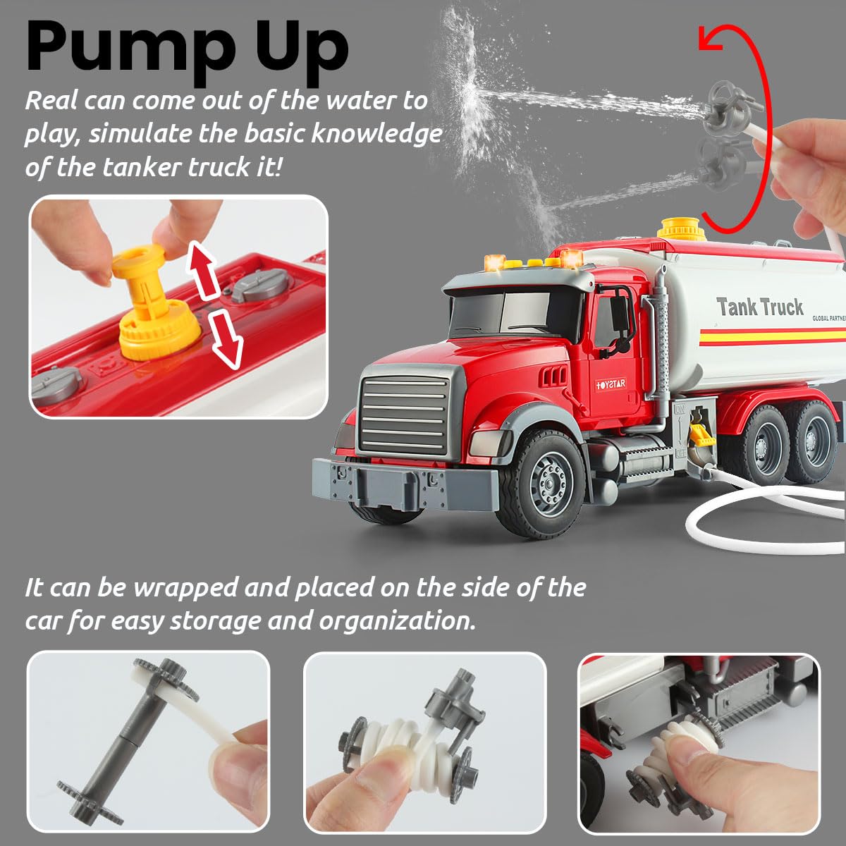 Wenbeier Tanker Truck Toy with Water Pump, 15" Tow Truck, Music & Lights, Plastic, for Kids Ages 3-6, Tank Truck Model WBE JJ666