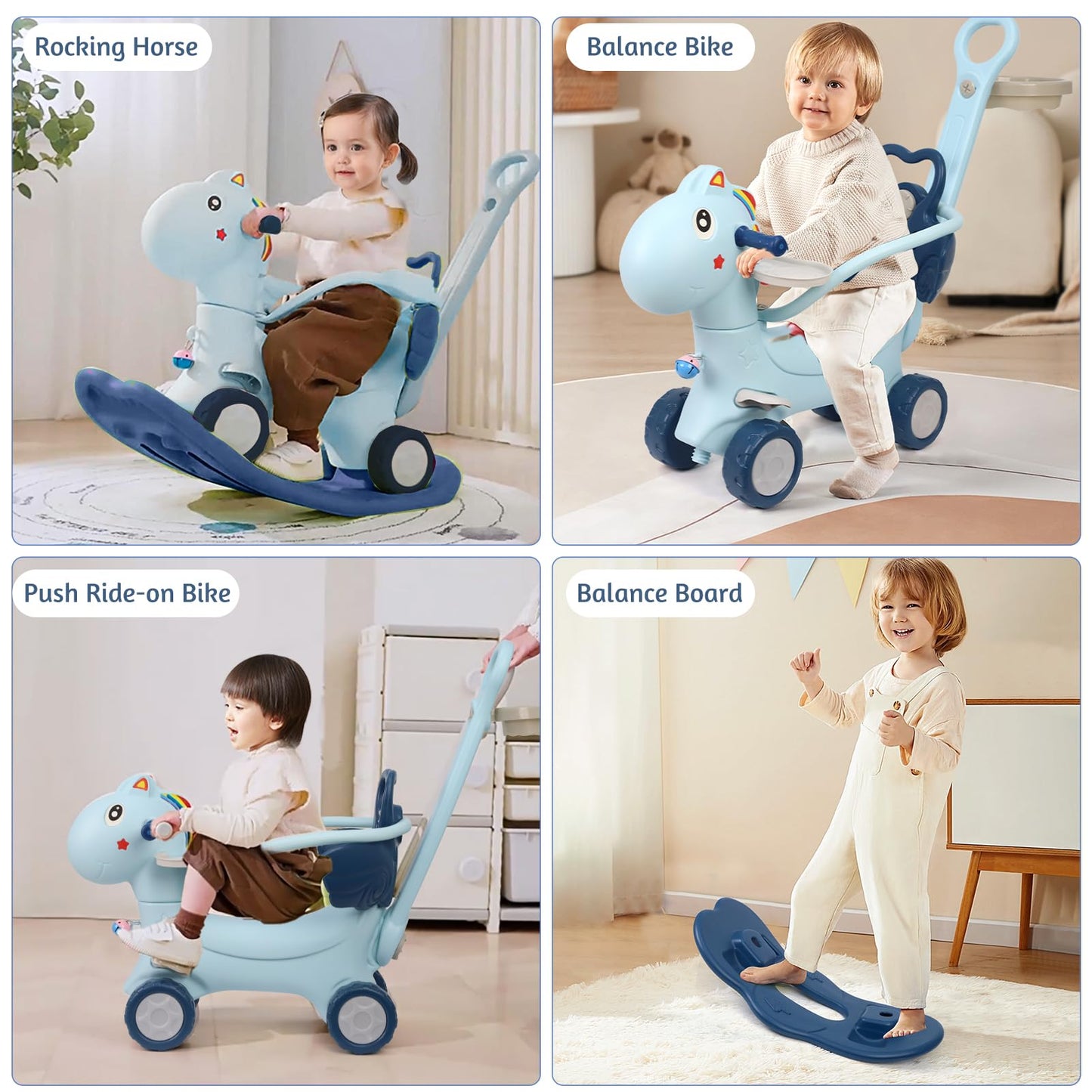 Ancaixin 4-in-1 Rocking Horse Toy for Toddlers 1-3 Years, Blue Plastic with Push Handle and Backrest