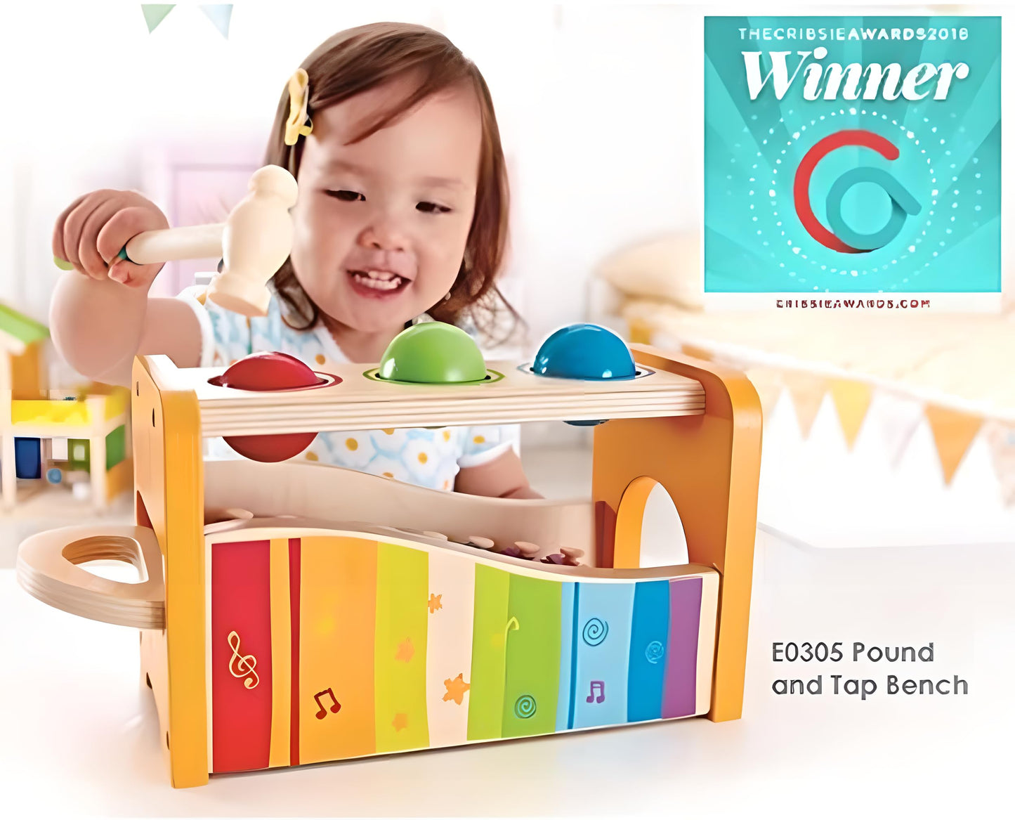 Hape Pound, Tap, & Shake! Music Set - Award Winning Wooden Pounding Bench, Baby Xylophone, And Tap Along Tambourine - Developmen