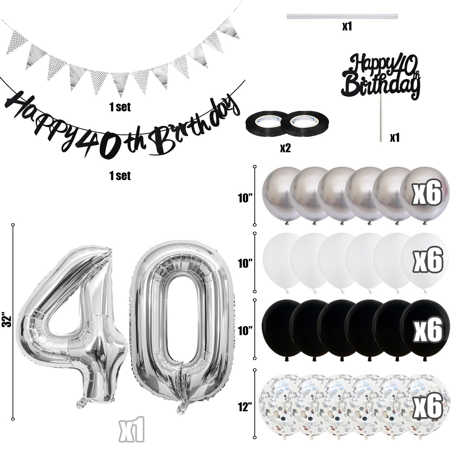 40Th Birthday Decorations For Women Men, Black Silver White 40Th Birthday Balloons, Black Happy 40Th Birthday Banner Birthday Ca