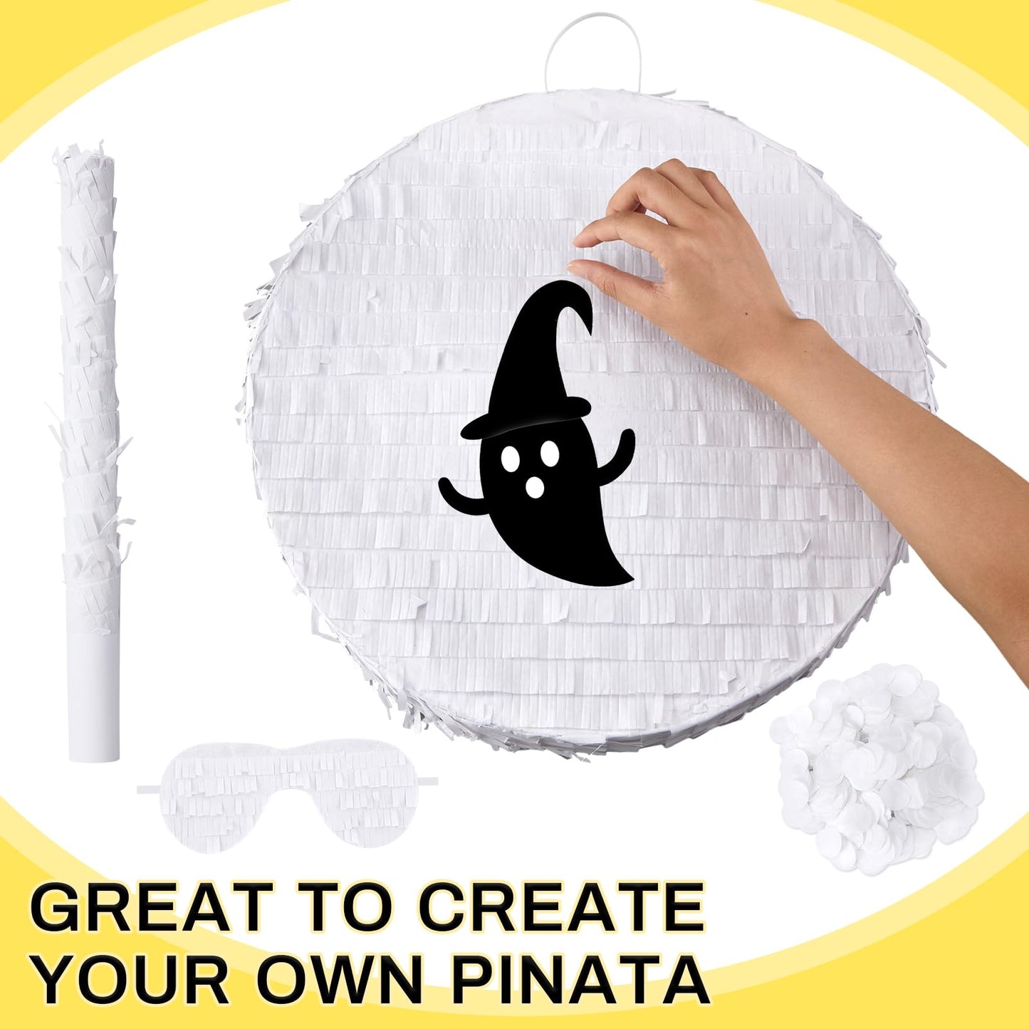 Jenaai 16 Round Blank Piata with Stick, Blindfold and Confetti for Adults and Kids Birthday Parties(White)