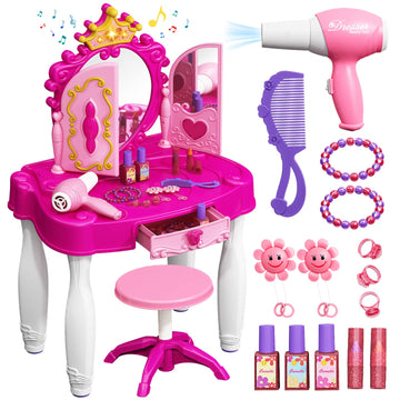 Eohemeral Toddler Makeup Table With Mirror And Chair, Kids Makeup Vanity Set With Accessories And Lights And Music Sound For Gir