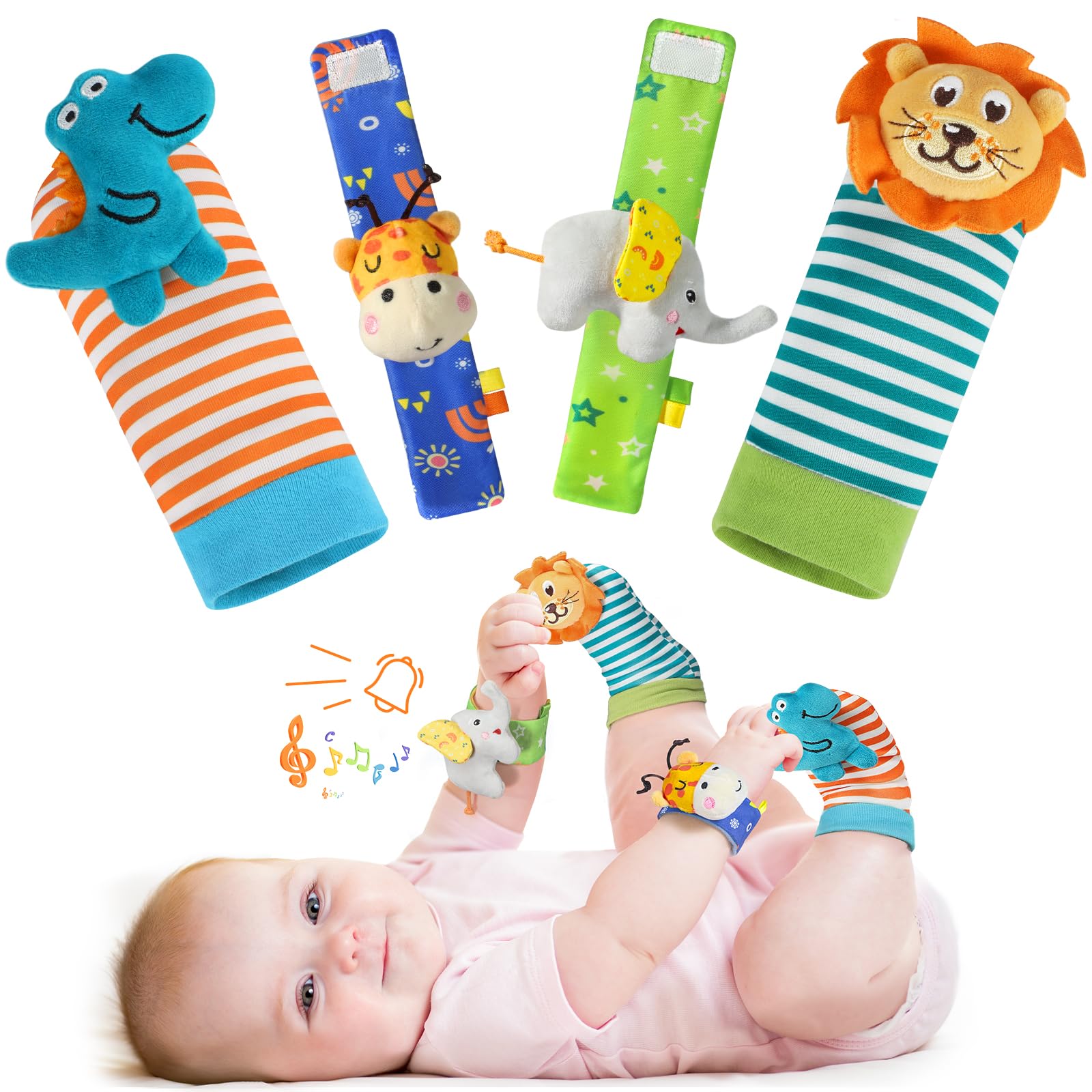 URMYWO Wrist Rattles for Baby - Rattle Socks - Foot Finder Set - Baby Toys for 0-12 Months Infant - Newborn Essentials - Early L