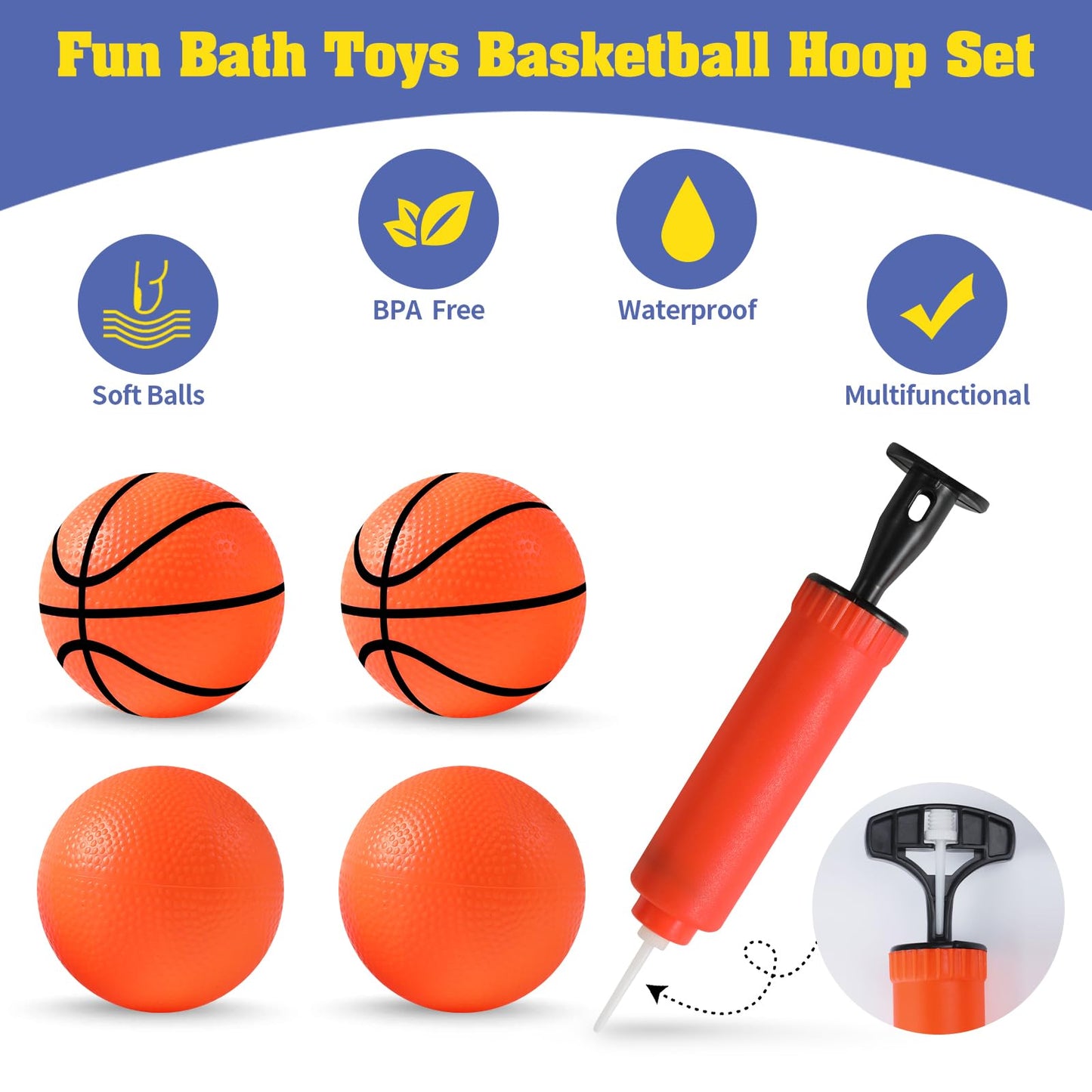 Ksabvaia Bath Toys - Bathtub Basketball Hoop For Kids Toddlers,Bath Toys Shower Toys For Kids Ages 4-8,Suction Cup Basketball Hoop & 4 Soft Balls Set For Boys Girls