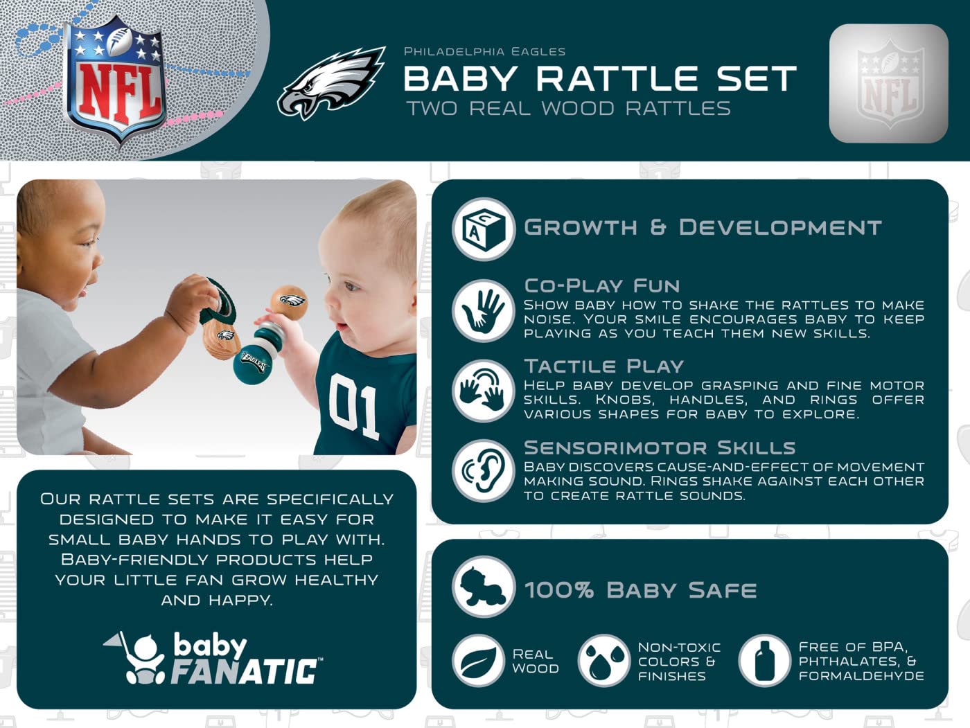 Babyfanatic Wood Rattle 2 Pack - Nfl Philadelphia Eagles - Officially Licensed Baby Toy Set