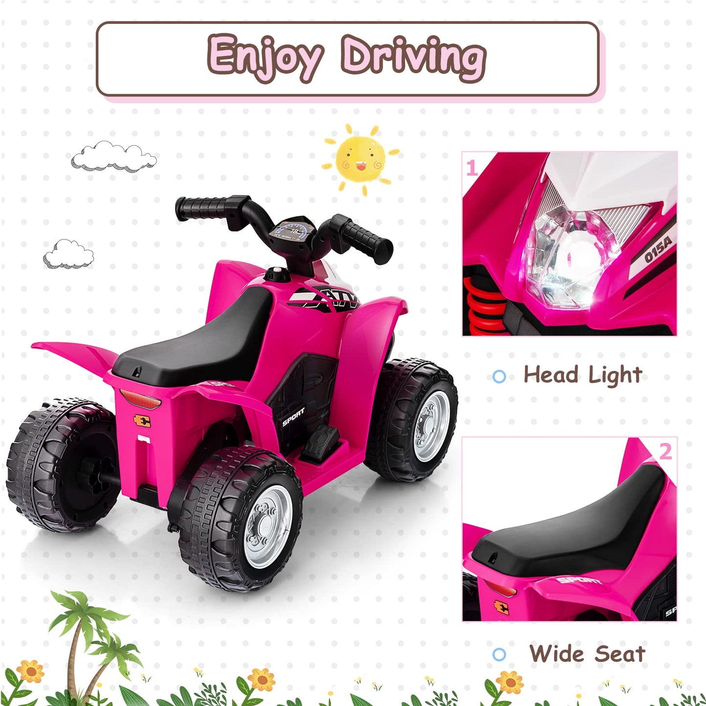 OLAKIDS Kids Ride On ATV  6V Electric Vehicle for Toddlers  4 Wheeler Battery Powered Motorized Quad Toy Car for Boys Girls with LED Lights  Horn (Coral)
