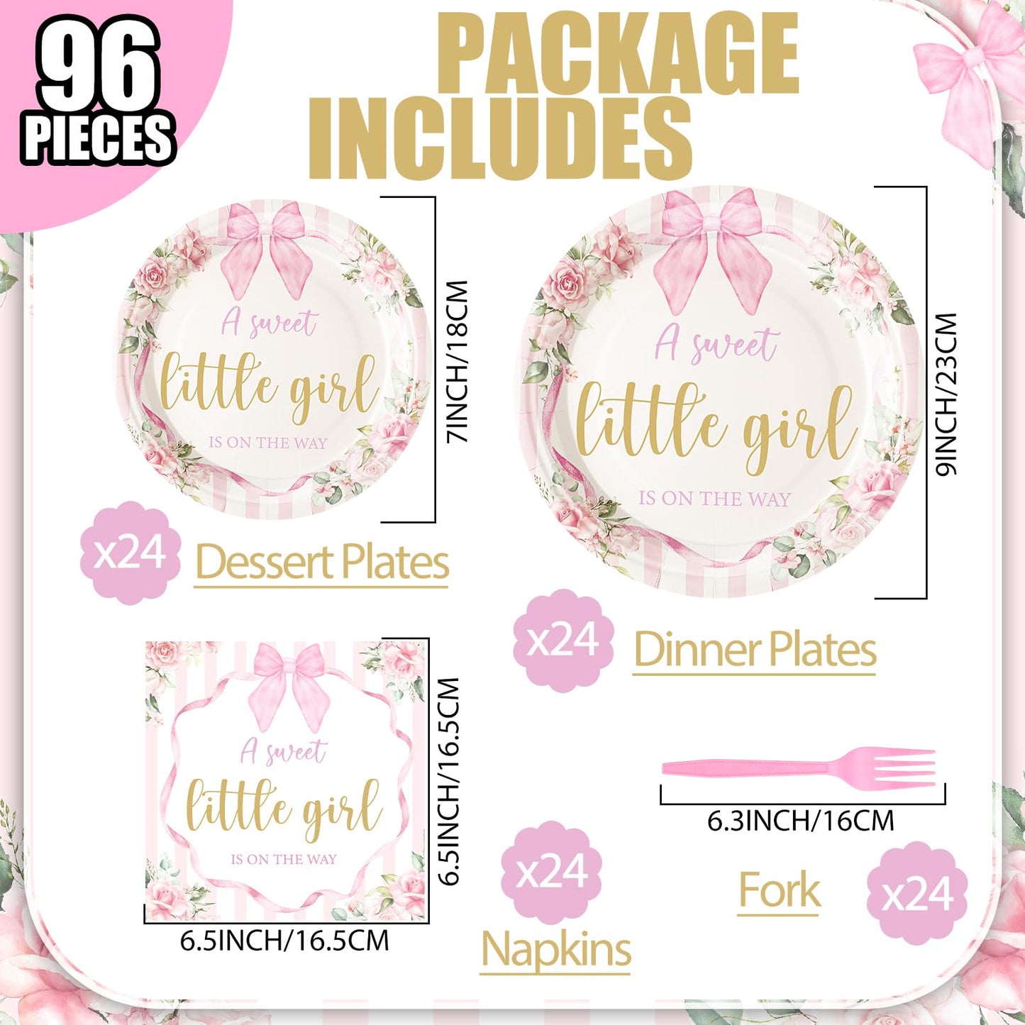 Sunnyray 96 Pieces Baby Shower Plates and Napkins Party Decorations Supplies Baby Shower Party Dessert Plates Napkins Forks for