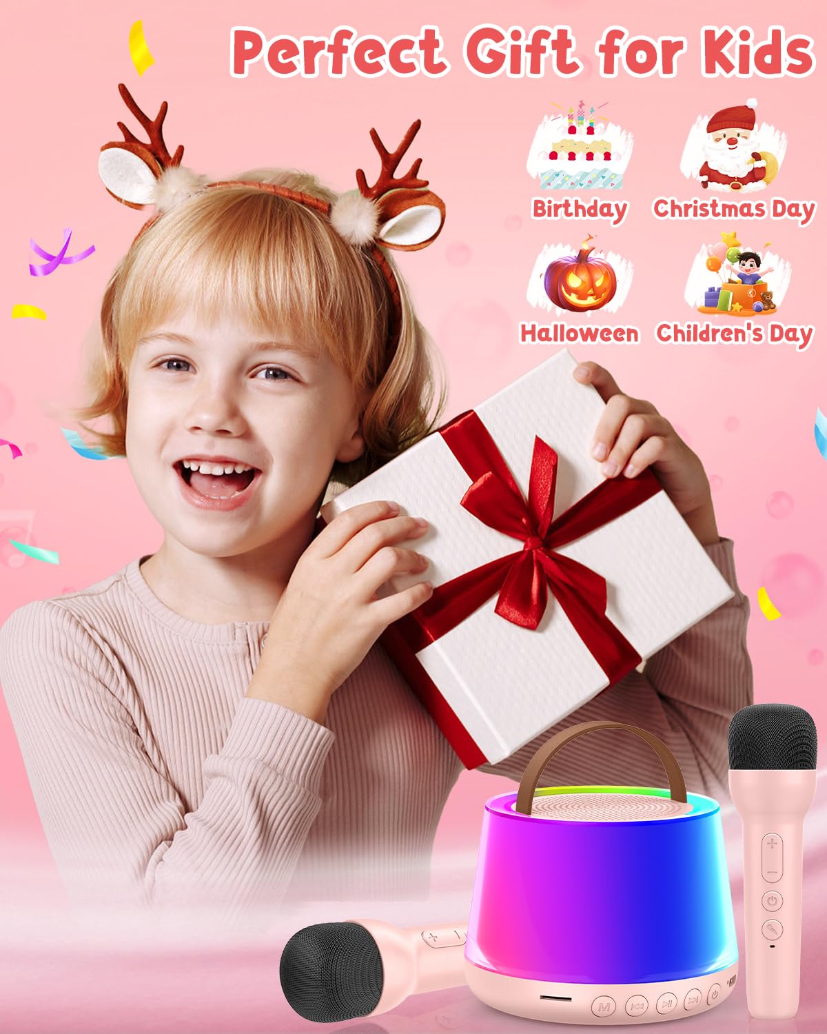 Mini Karaoke Machine For Kids, Portable Bluetooth Speaker With 2 Wireless Microphones And Led Light, Birthday Gifts For 4 5 6 7