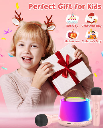Mini Karaoke Machine For Kids, Portable Bluetooth Speaker With 2 Wireless Microphones And Led Light, Birthday Gifts For 4 5 6 7