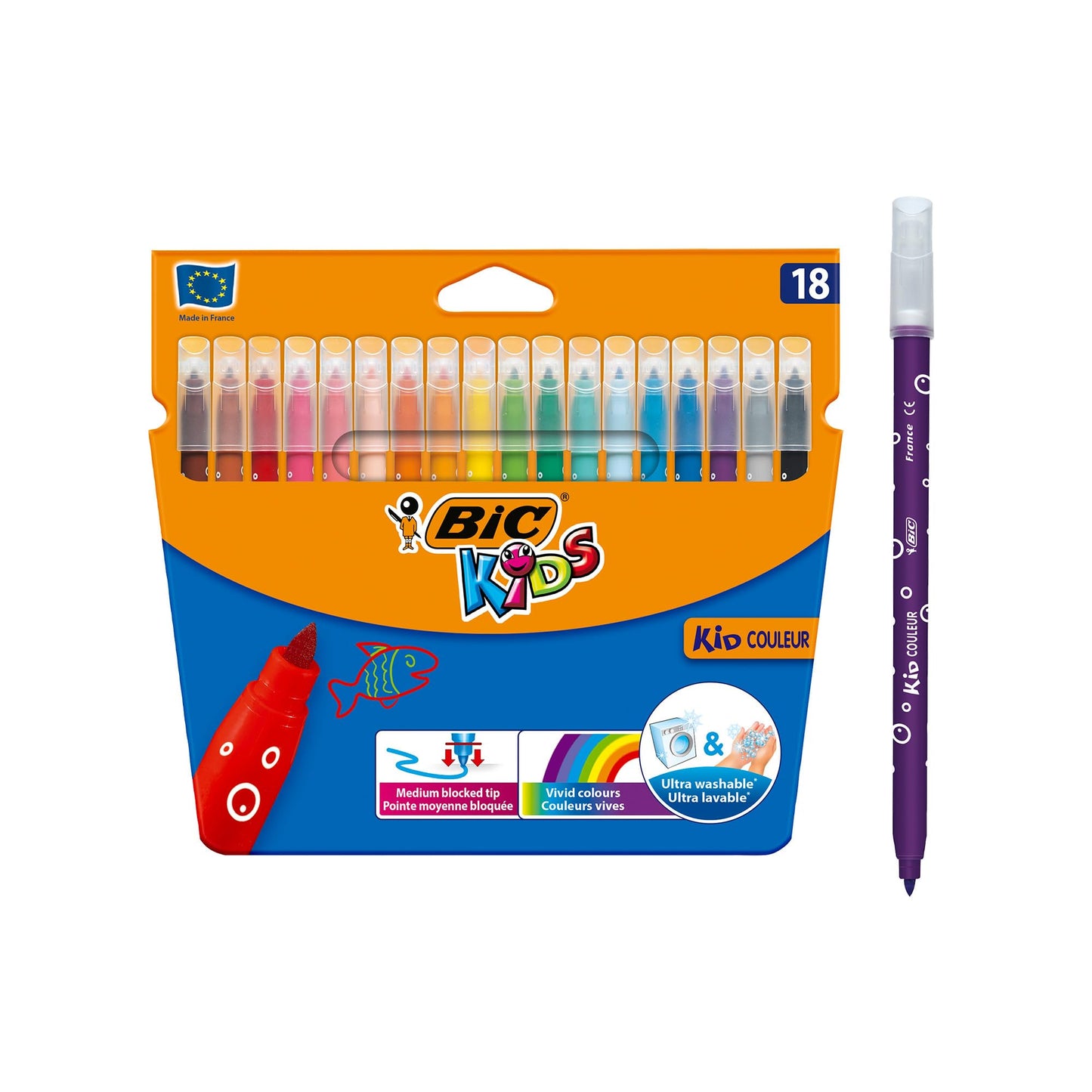 Bic Kids Kid Couleur Felt Tip Colouring Pens - Assorted Colours, Cardboard Wallet of 18