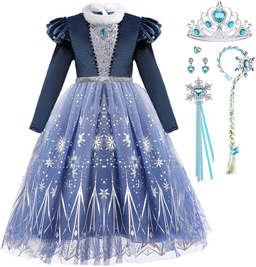 Itvti Girls Princess Elsa Dress Up Costume Snow Queen Halloween Christmas Cosplay Party Toddler Dress Blue, 6-7 Years(Label 140)