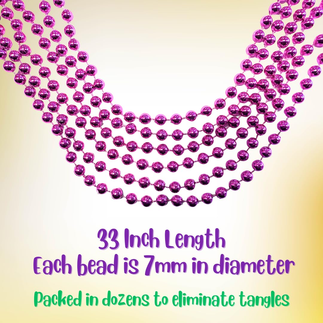 Mardi Gras Beads 33 inch 7mm, 12 Dozen, 144 Pieces, Hot Pink Necklaces with Doubloon