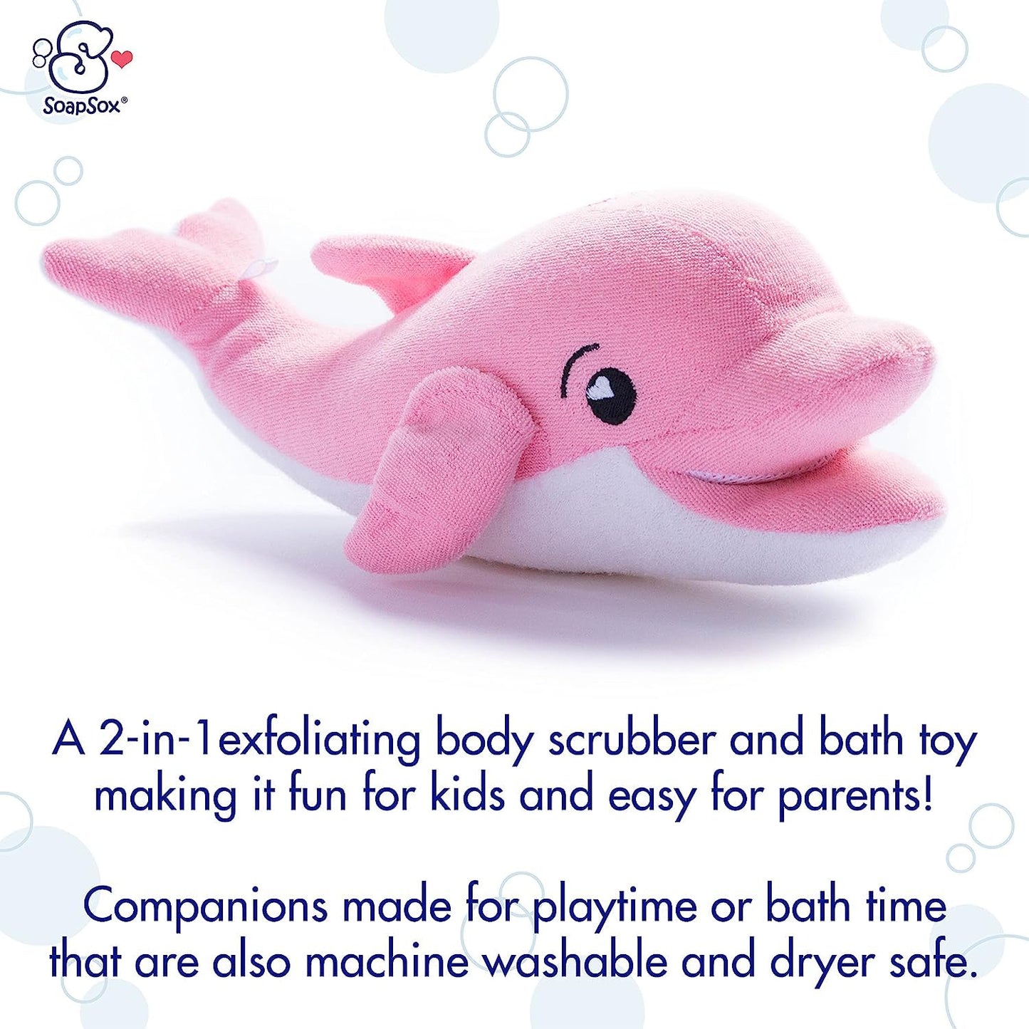 Soapsox Kids Exfoliating Bath Scrub (Ava The Pink Dolphin) - Soft Animal Toy Wash Cloth Sponge With Soap Pocket Insert - Fun Loo