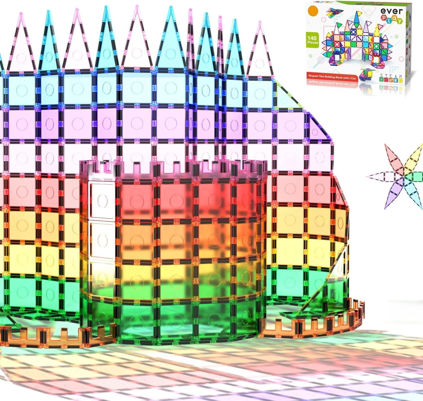 Everplay 140 pc Castle Rocket Magnetic Tiles with Car Set Building Block Toys STEM Educational Learning Magnet Toy Preschool Mon