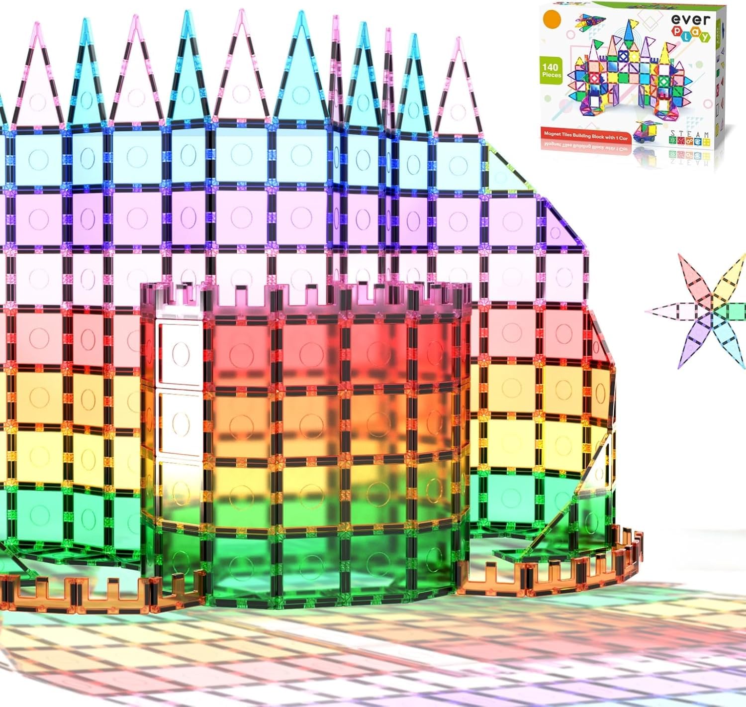 Everplay 140 pc Castle Rocket Magnetic Tiles with Car Set Building Block Toys STEM Educational Learning Magnet Toy Preschool Mon