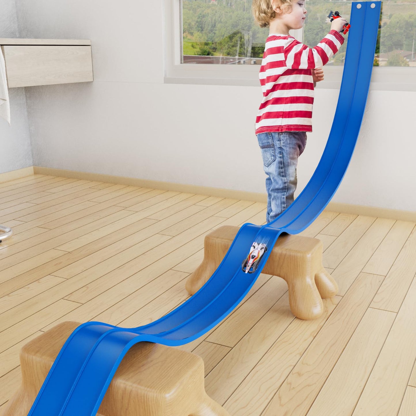 15 Ft Flexible Race Car Track for Kids, Double-Sided Racetrack for 1:64 Diecast Cars Toys, Rolls Up Portable Race Tracks with 4