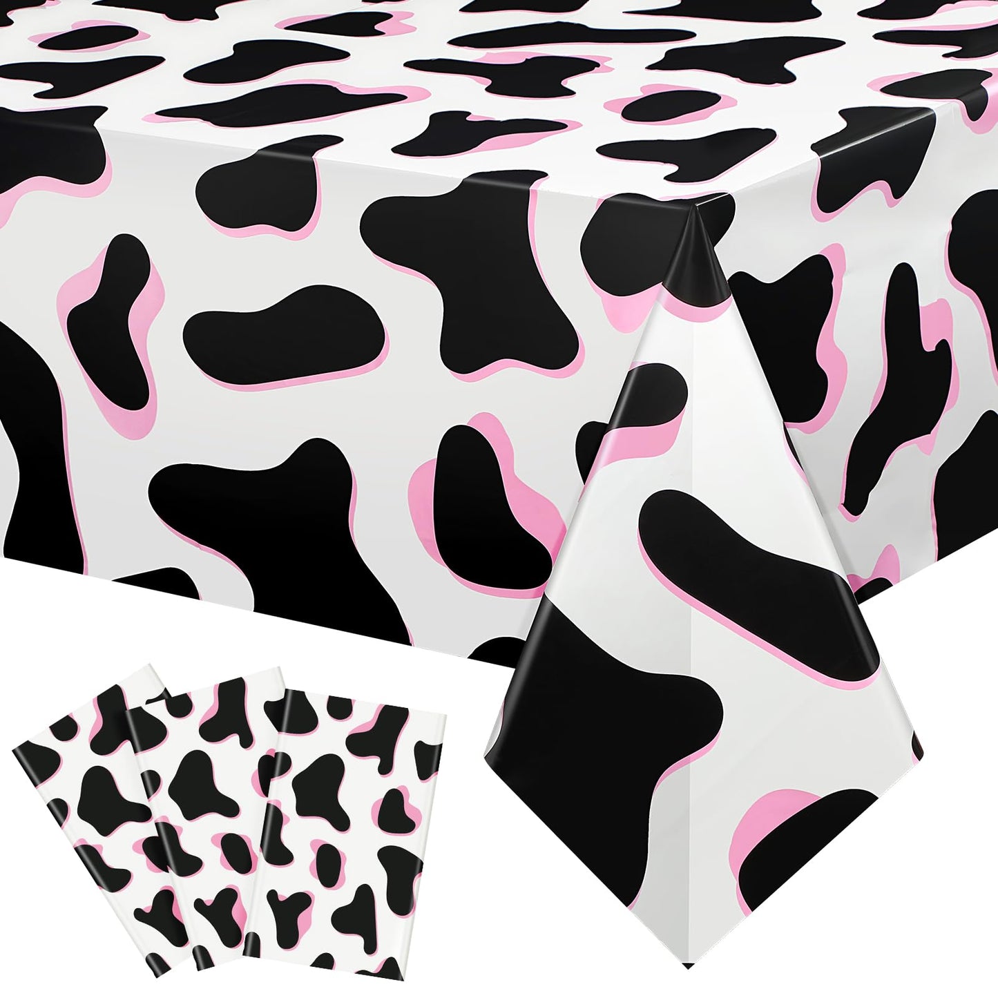 Tiamon 3 Pcs Pink Cow Print Tablecloth 108 x 54 Inch Birthday Party Table Cloth Disposable Plastic Cover for Disco Pink Cowgirl 