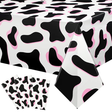 Tiamon 3 Pcs Pink Cow Print Tablecloth 108 x 54 Inch Birthday Party Table Cloth Disposable Plastic Cover for Disco Pink Cowgirl 