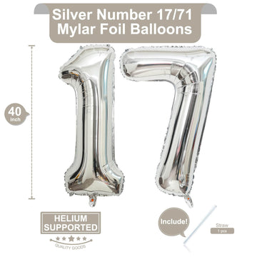 LHOAVWE 40 Inch Silver 17 Number Balloons - Aluminum Birthday Decorations for 17th Anniversary Party Supplies