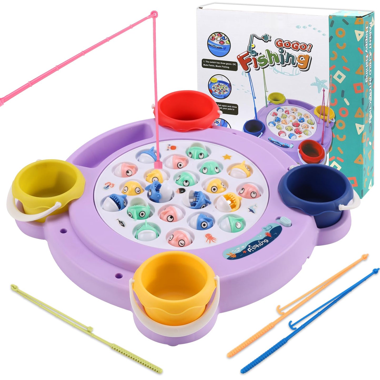 Pakoo Magnetic Fishing Game Toys, Rotating Board Game With Music Including 21 Fishes, 4 Random Color Fishing Poles And 4 Small Fish Buckets, Party Game Toys For Kids Age 4 5 6 7 8 And Up