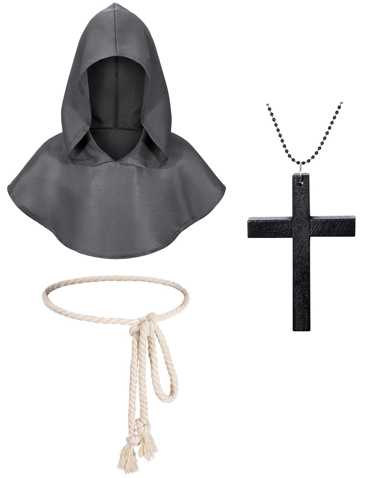 Kids Medieval Renaissance Monk Costume Priest Friar Wizard Cloak Hooded Robe Cosplay Costume Belt Necklace Set(GR 130)