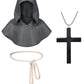 Kids Medieval Renaissance Monk Costume Priest Friar Wizard Cloak Hooded Robe Cosplay Costume Belt Necklace Set(Gr 120)