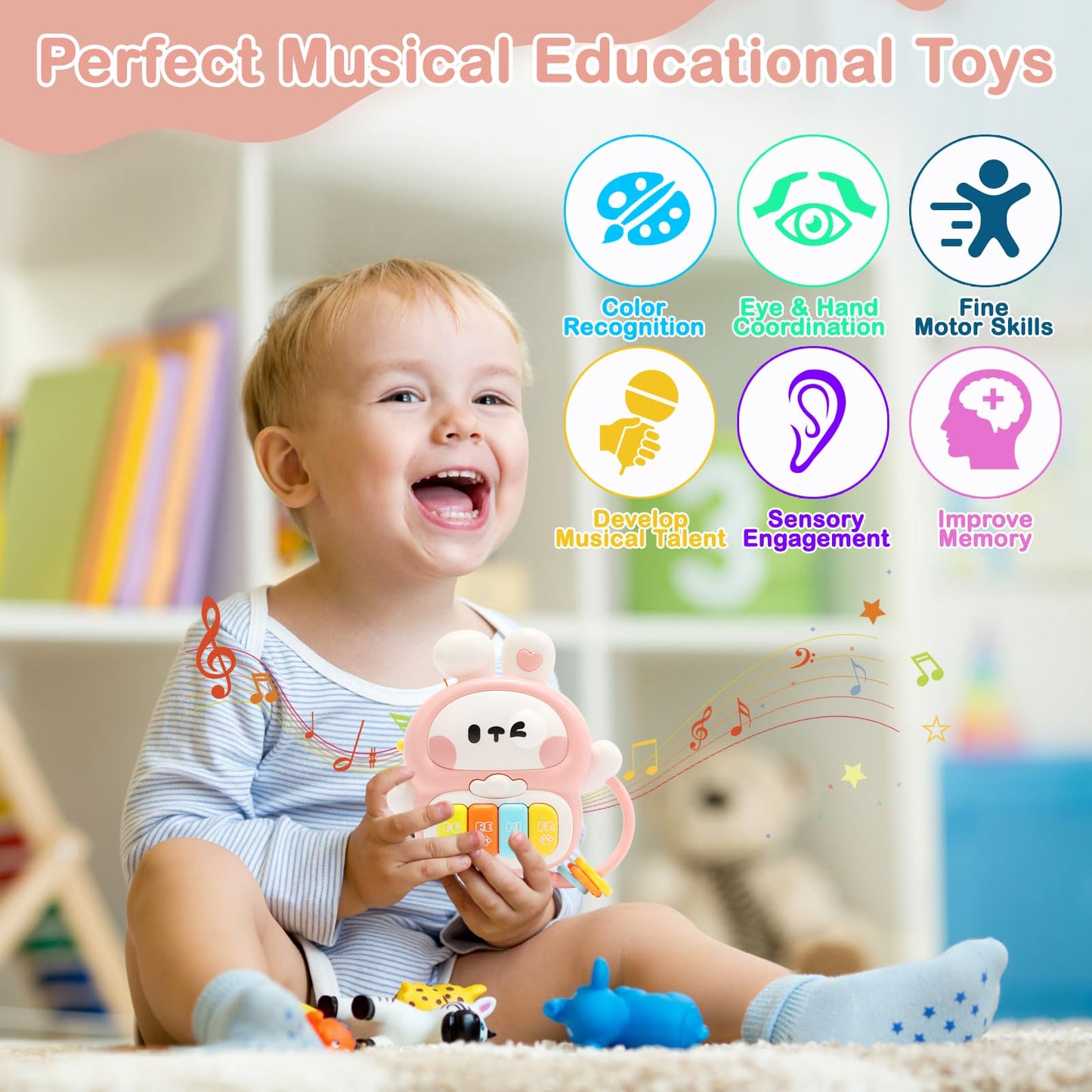 Baby Musical Toys 6-12 Months, Rabbit Piano For Baby Musical Toys For Toddlers 1-3, Busy Board With Music & Light, Birthday Toy