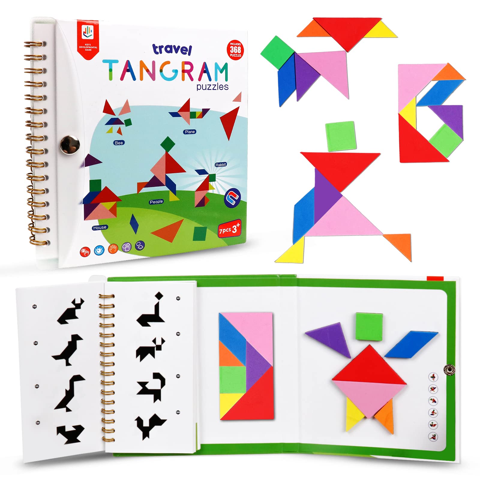 Travel Tangram Puzzle Magnetic Puzzle Book Game Road Trip Game Jigsaw Shapes Dissection STEM Games with Solution IQ Educational Toy for Kid mature-themed Challenge Brain Teasers 368 Patterns(2Pcs Tangrams)