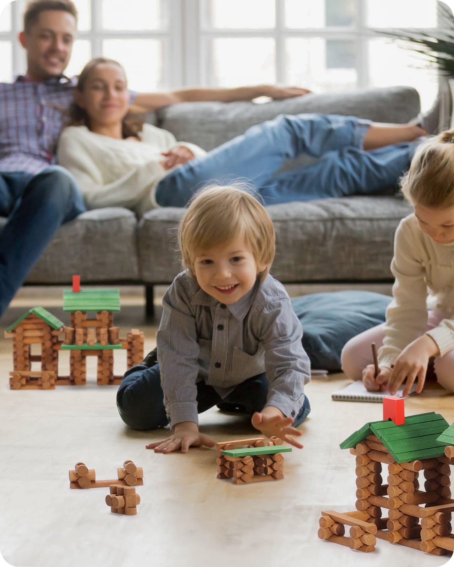 SainSmart Jr. Wooden Log Cabin Set - 665 PCS STEM Building Toy for Toddlers, Brown, Model 20-354, Compatible with Lincoln Logs