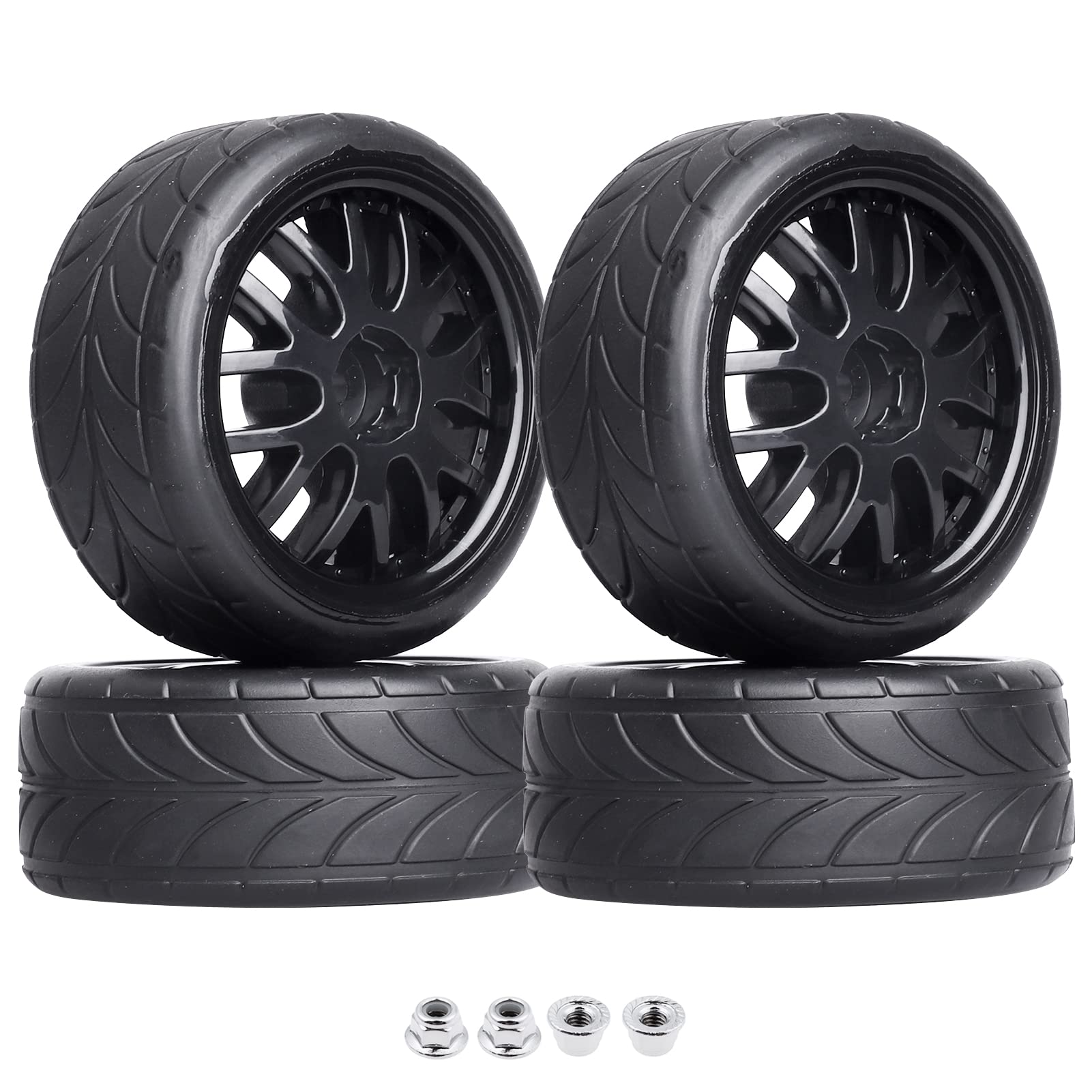 GoHobby 4PCS 1/10 RC On-Road Tires & Wheels 12mm Hex Preglued for Tamiya HSP HPI RC Racing Car