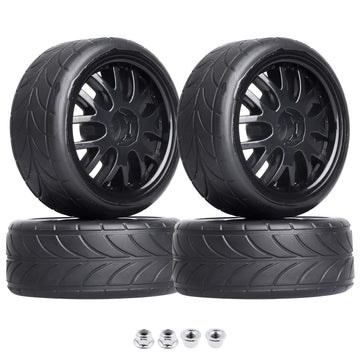 GoHobby 4PCS 1/10 RC On-Road Tires & Wheels 12mm Hex Preglued for Tamiya HSP HPI RC Racing Car