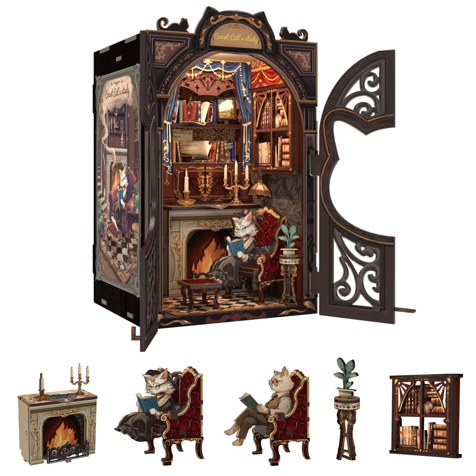 Fsolis Book Nook Kit  DIY Miniature House Kit Puzzle Booknook Mini for mature-themed Bookshelf Alley Decor for Women Teens Craft Lovers(Count Cat's Study)