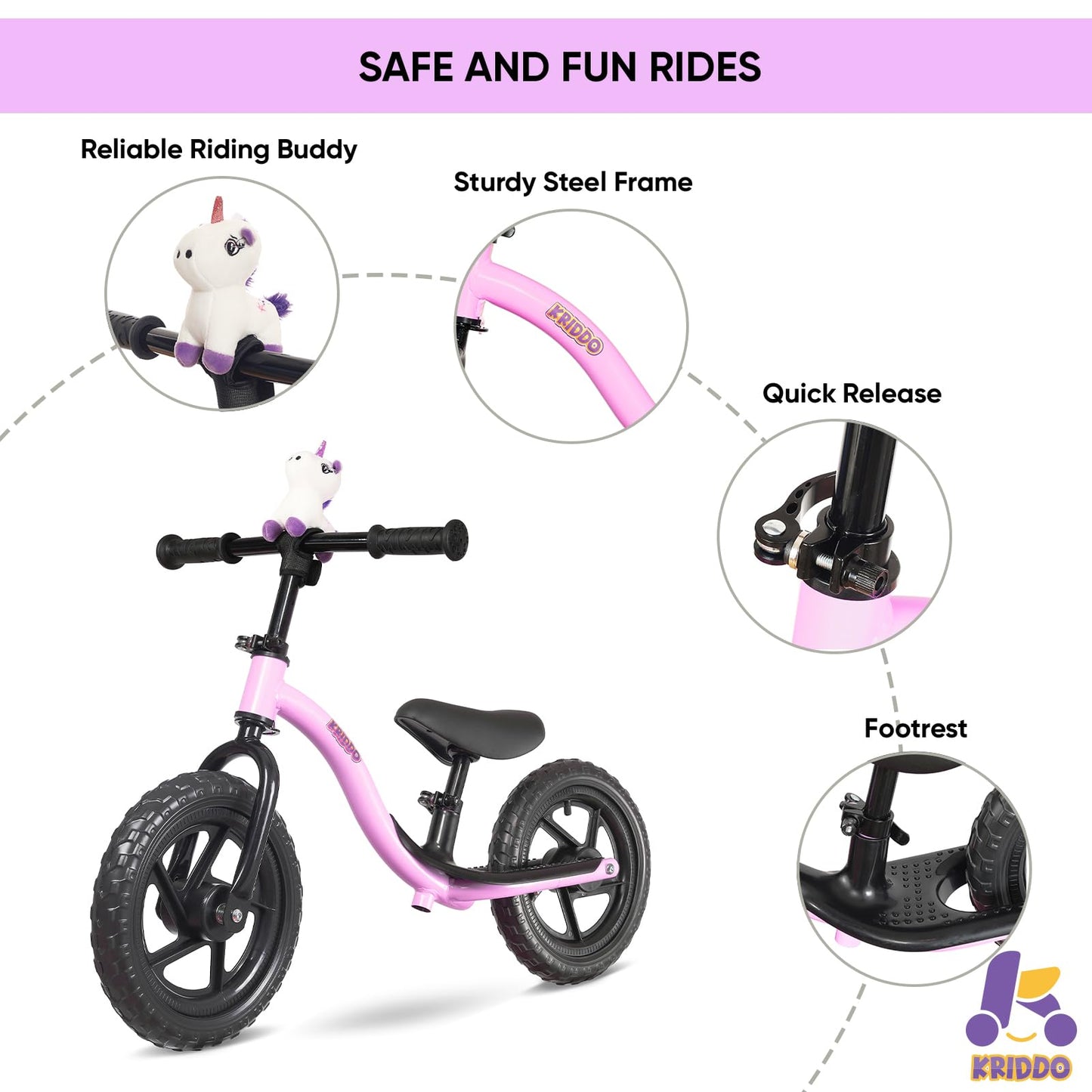 Kriddo Toddler Balance Bike 2 Year Old, Age 24 Months To 5 Years Old, Early Learning Interactive Push Bicycle With Steady Balancing, Gift Bike For 2-5 Boys Girls, Purple