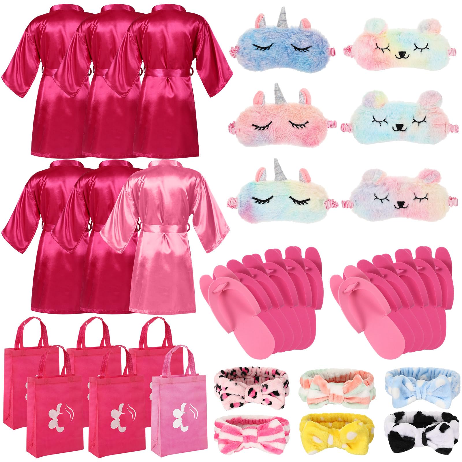Shihanee 30 Pcs Spa Party Supplies For Girls, 6 Satin Robe 6 Kids Slippers Sleepover Birthday Spa Party Favors (5 Rose Red, 1 Pi